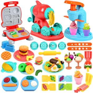 Crelloci 3 in 1 Color Dough Kitchen Creations Set, Ice Cream Spaghetti Burger Maker Machine, Art Crafts Food Modeling Toys, Accessories Tools Kit for Boys Girls Kids Toddlers Ages 3+ (12 Colors Dough)