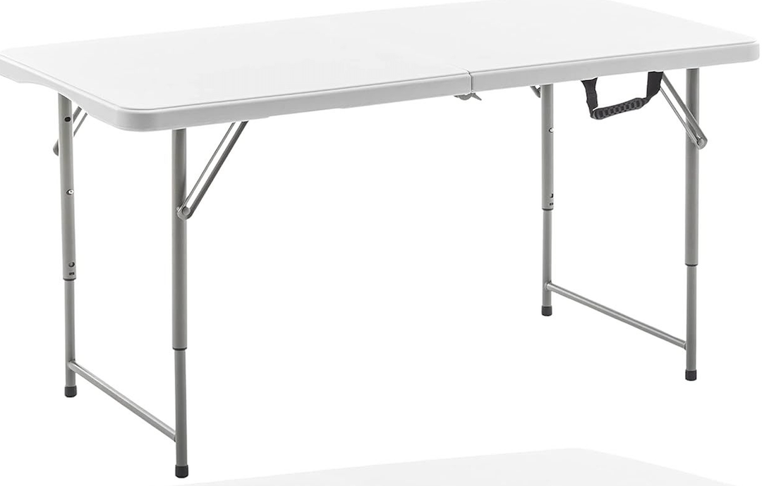 BTEXPERT Fold-in-Half Folding Utility Table 4Feet Lightweight Height Adjustable Portable Carrying Handle Indoor Outdoor Picnic Camping Office Home Party Easy to Clean Store Care White