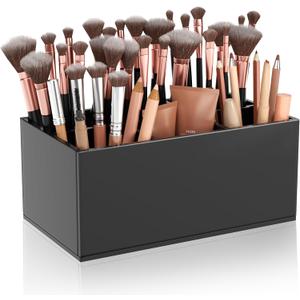 HIIMIEI Black Makeup Brush Holder Organizer Acrylic 6-Slots Cosmetic Brushes Storage Organizer for Vanity Countertop