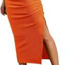EARKOHA Pencil Midi Skirt for Women 2024 Fall Casual High Waist Ruched Ribbed Knit Stretchy Bodycon Skirt with Slit (Small, Orange)