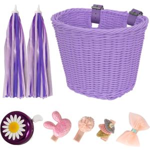 RAYMACE Kids Bike Basket Streamers Bell Set, Children's Bicycle Handlebar Basket with 4pcs Girl Hair Clips, Cute Accessories Kit for Kids' Bike, Scooter