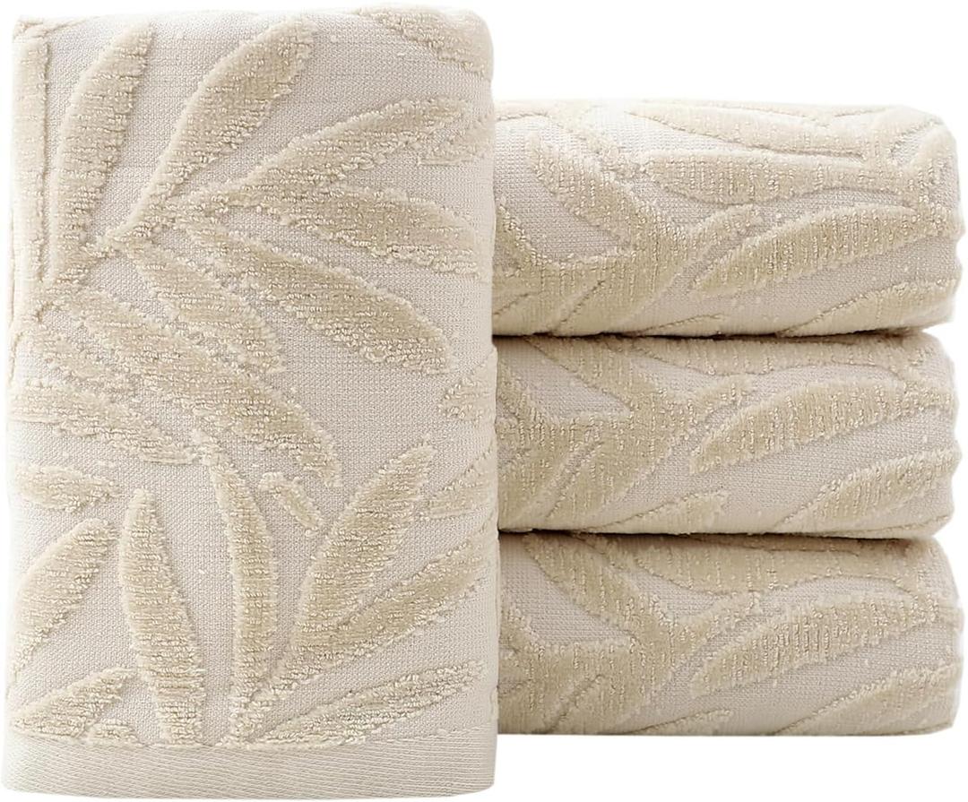 Pidada Hand Towels Set of 4 Leaf Pattern 100% Cotton Absorbent Soft Decorative Towel for Bathroom (Light Brown)