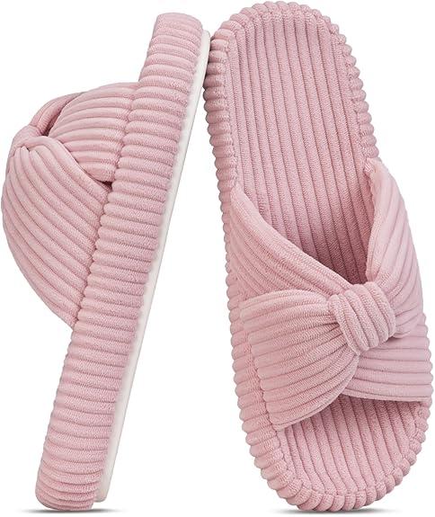BUNYISCN Slippers for Women Memory Foam Women's Orthopedic Arch Support Open Toe House Bedroom Corduroy Bow Crossbands Slide House Slippers, Pink US 11-12