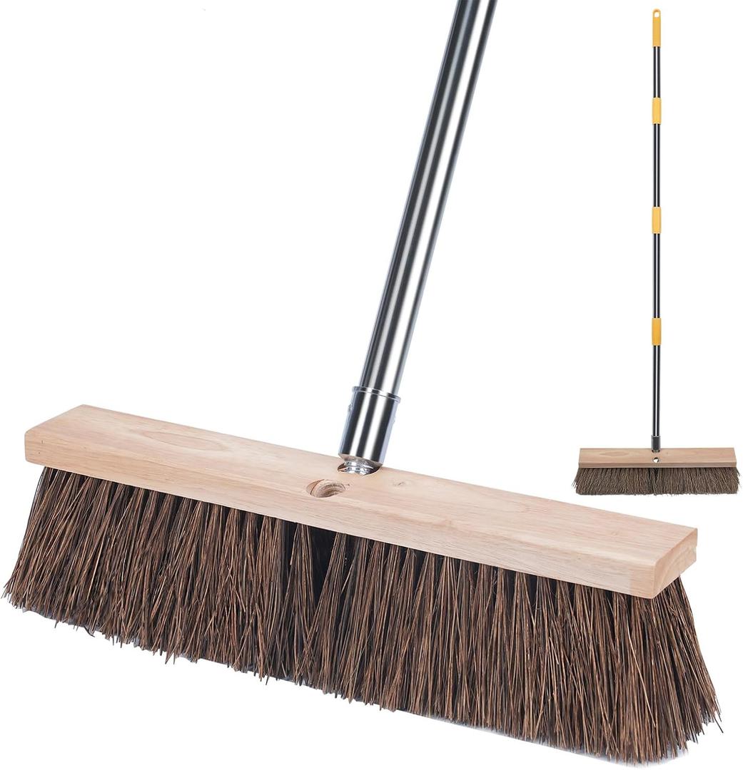 NICOFPHY 18" Push Broom Outdoor Heavy Duty - 65" Long Handle Large Wide Shop Broom, Commercial Stiff Palmyra Bristle Outside Broom Brush for Sweeping Concrete Floor, Garage, Patio, Shop, Yard, Lawn
