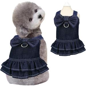 Denim Dog Dresses for Small Dogs Girl with D-Ring and Bow Decor Velcro,Dark Blue XS Girl Dog Clothes for Puppies Cats,Yorkie Chihuahua Clothes,Cute Puppy Cat Apparel (Large, Denim 01)