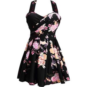 COCOPEAR Women's Elegant Crossover One Piece Swimdress Floral Skirted Swimsuit (Large)