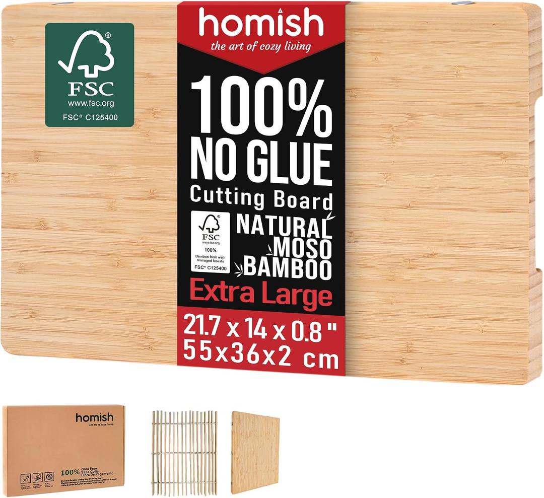 XL Bamboo Cutting Board with Handle – Extra Large Wood Chopping Board for Meat, Cheese, Serving – TRULY Glue-Free, Pre-Oiled Kitchen Boards 21.7"X14"/ 55x36cm - Dishwasher Safe [New 2026 Upgrade], 17"L x 12"W