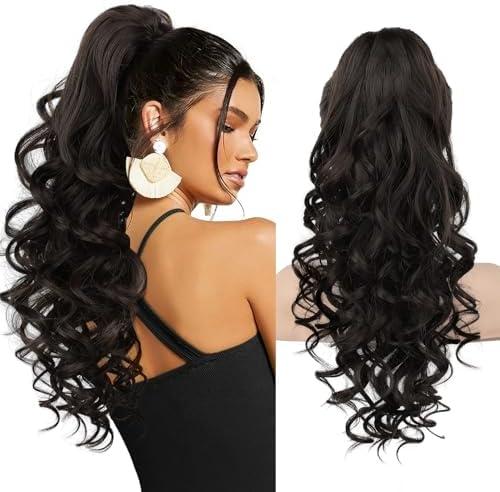 REECHO Ponytail Extension, 20” Claw Clip Ponytail Extension Curly Clip in Ponytail Long Pony Tails Hair Extensions for Women Fluffy Natural Looking Synthetic Hairpiece, Black Brown