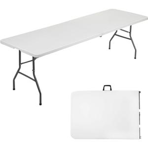 FDW 8 Foot Outdoor Dining Table, Foldable Portable Rectangular Plastic Folding Table with Built in Carrying Handle for Party and Wedding Use, White