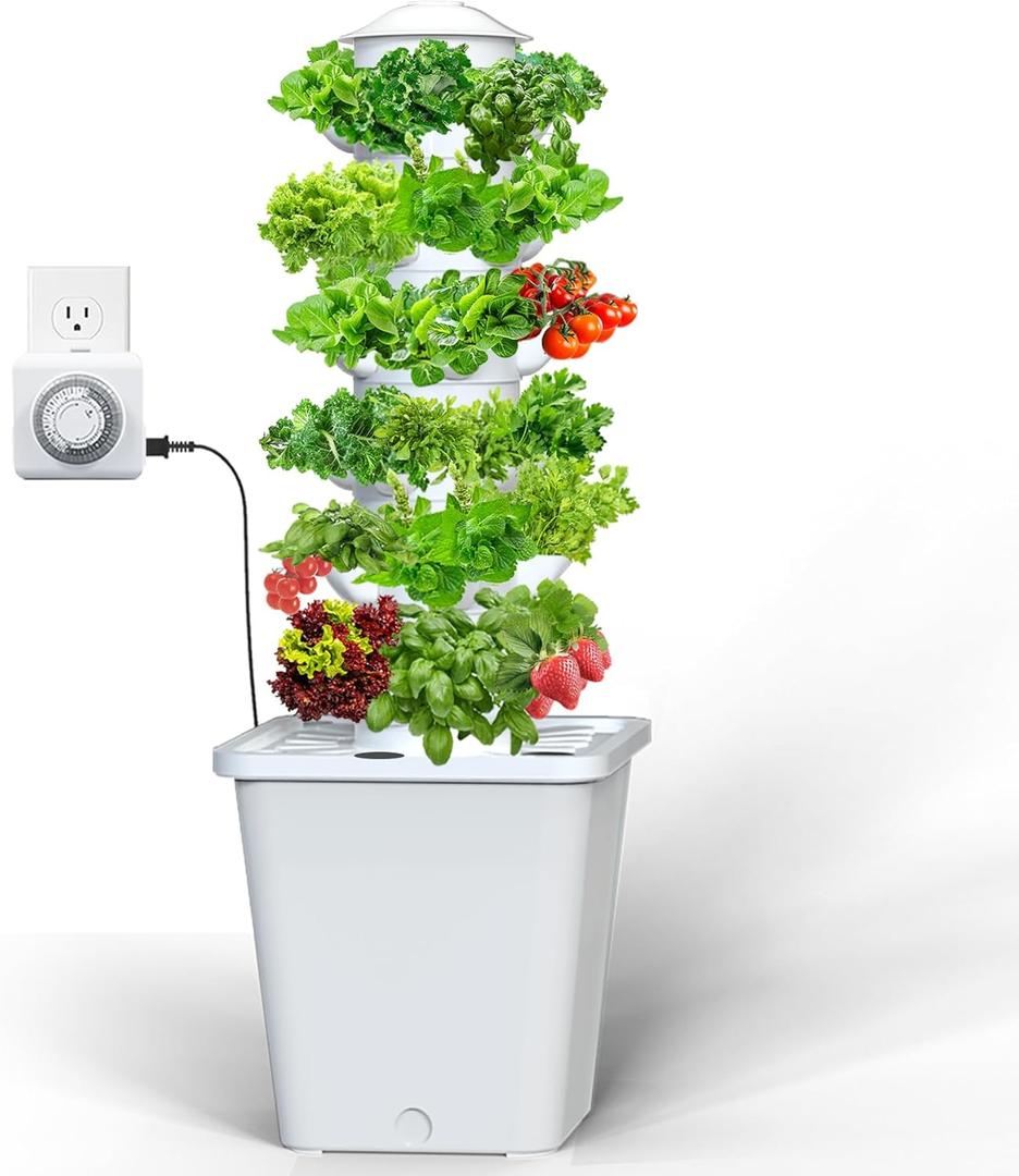 Hydroponics Growing System, 30-Plant Indoor Hydroponic Tower with Pump System, Plants Germination Kit, Smart Aeroponic Herb Garden, Vertical Hydroponic System for Gardening Lover (No Seed) (White)