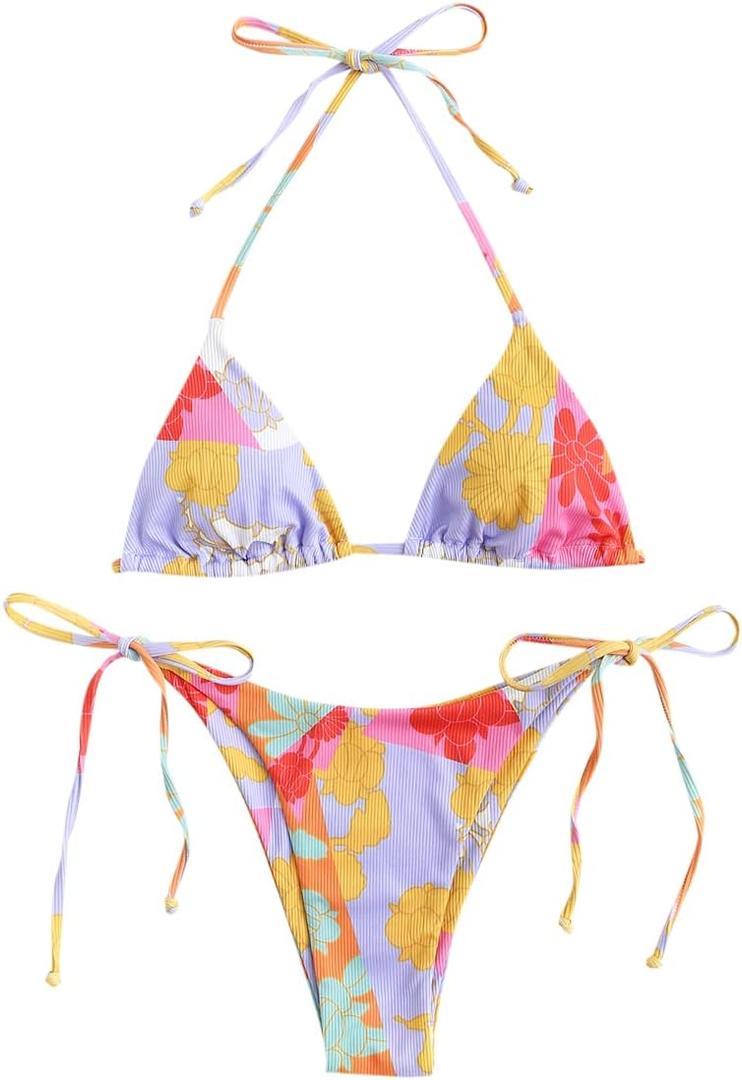 ZAFUL Triangle Bikini for Women 2 Piece Halter Bikini Sets Sexy High Cut Bathing Suit Side Tie Swimsuits (Medium)