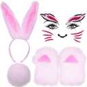 Christmas Reindeer Antlers Headband,Tail,Paws,Face Stickers, Halloween Festival Parties Dress up (Bunny White)