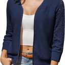 GRACE KARIN Womens Lightweight Summer Cardigan 3/4 Sleeve Cropped Cardigan Dressy Zip Up Sweaters Jacket Clothes (Small, Navy Blue)