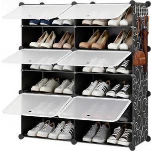 Simple Deluxe 6-Tier Shoe Rack Organizer with Doors, Stackable Shoe Storage Cabinet for Entryway Closet, Plastic Shoe Shelf with Metal Frame, Holds up to 24 Pairs for Bedroom Hallway, Black