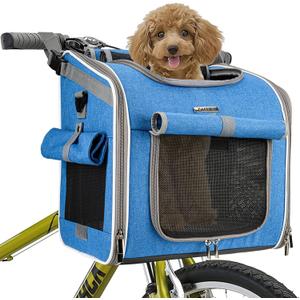 Dog Bike Basket, Expandable Soft-Sided Pet Carrier Backpack with 4 Open Doors, 4 Mesh Windows for Small Dog Cat Puppies - Blue (Blue-Fits 10-18 Lbs)