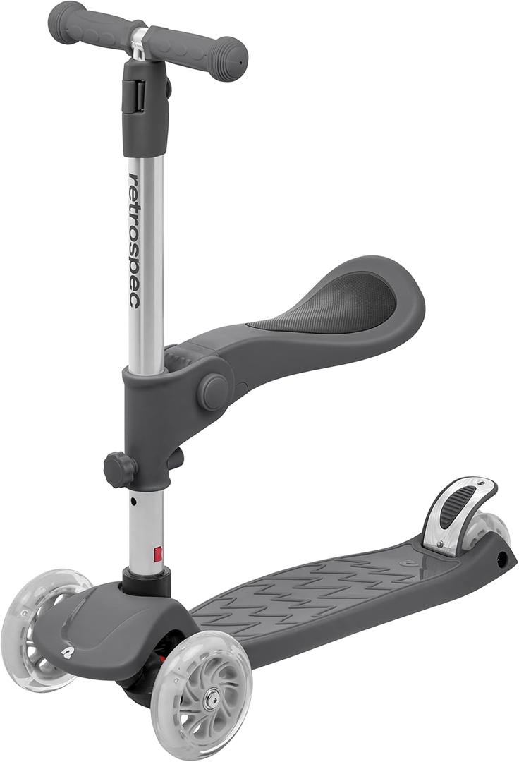 Retrospec Chipmunk Plus Kids Kick Scooter 3+ Years - Height Adjustable 3 Wheel Scooters - Learn to Steer, Foldable Seat, LED Lights, & No-Slip Deck (Silver)