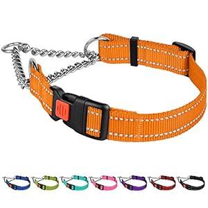 CollarDirect Martingale Dog Collar Heavy Duty Nylon Slip Collars for Small Medium Large Dogs [Stainless Steel Chain and Quick Release Buckle, Reflective, Orange, L, 17"-22"]