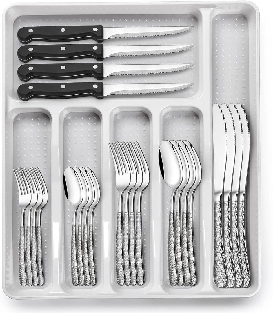 49-Piece Hammered Silverware Set with Organizer, Food-Grade Stainless Steel Flatware for 8, Cutlery Utensil Sets with Steak Knives, Rust-proof, Mirror Polished, Dishwasher Safe, Round Hammered