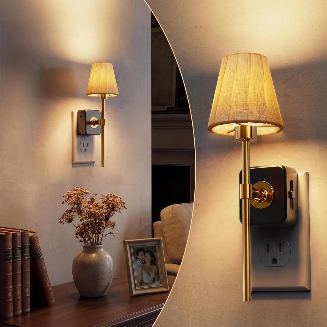 L LOHAS LED Night Lights Plug into Wall, Pleated Fabric Cover Night Light, Dusk to Dawn Sensor Vintage Nightlight, 0-100LM Dimmable, for Bedroom Living Room Hallway