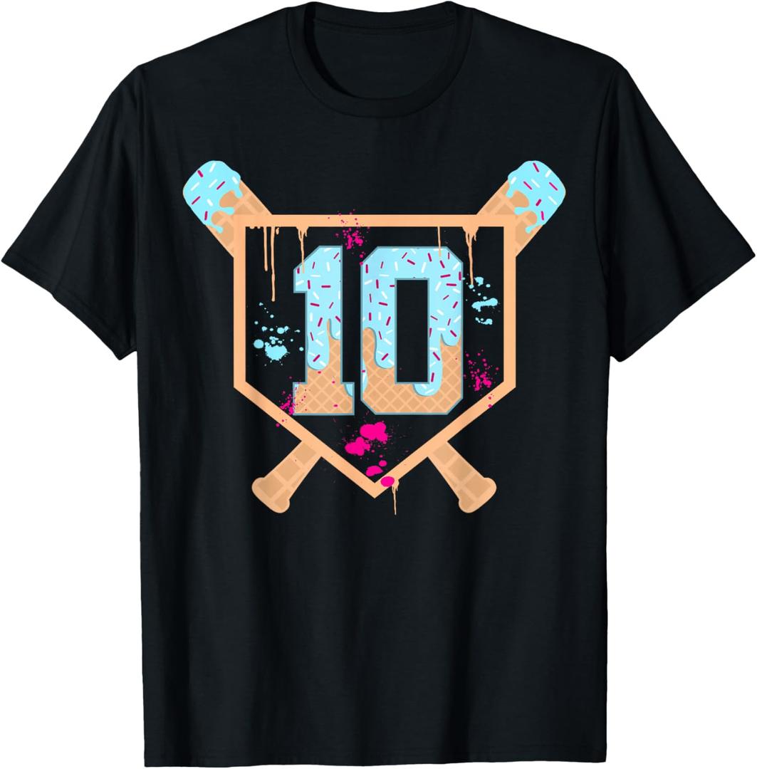 Baseball 10 Year Old Ice Cream Drip 10th Birthday Boy 10 T-Shirt M