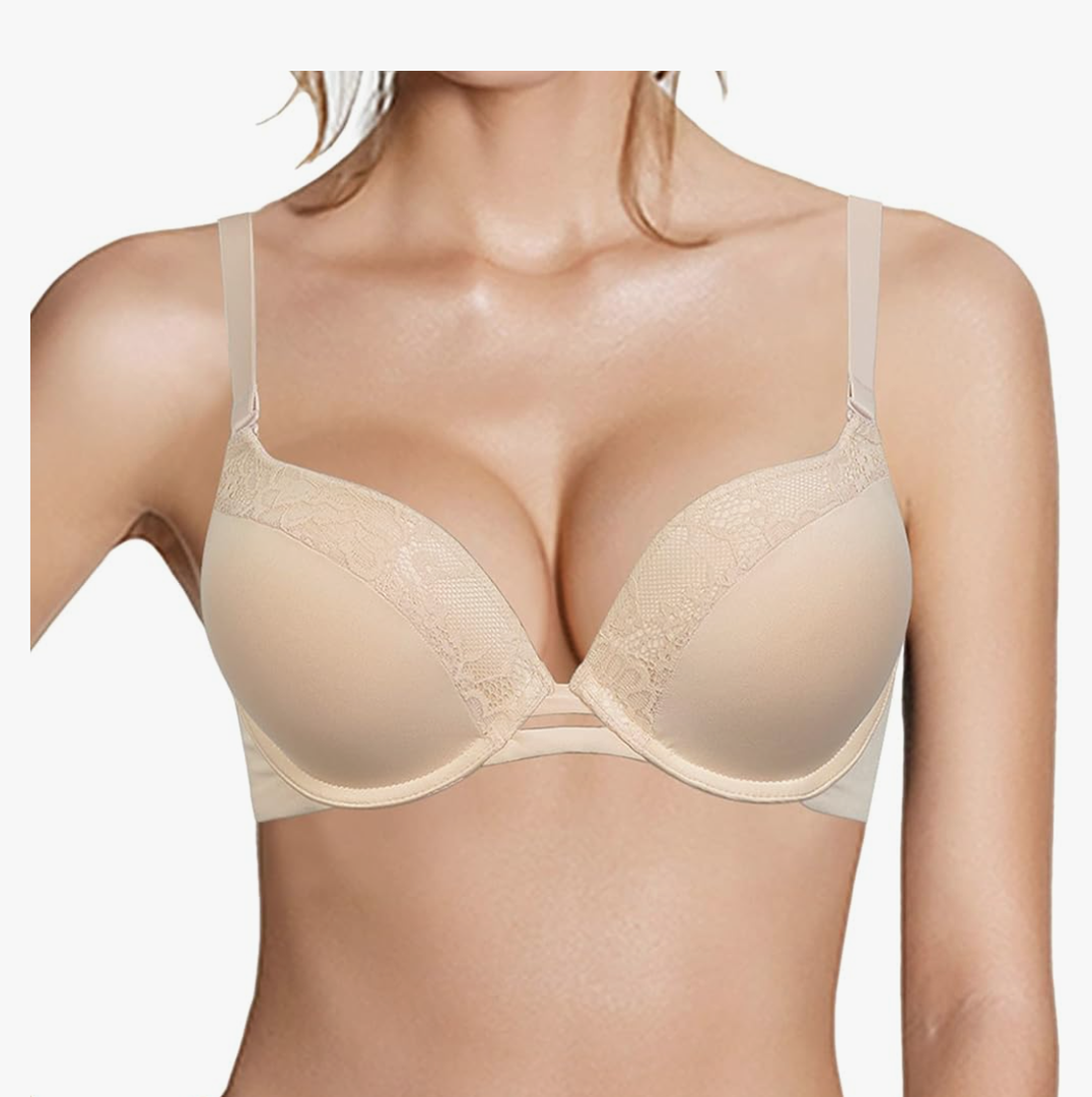 Push Up Thick Padded Plunge Underwire T Shirt Lace Bra Lift Support for Women Add One Cup 34B