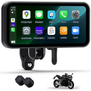 6.25 Inch Motorcycle CarPlay & Android Auto Display  IP67 Waterproof Touchscreen with Two TPMS, Dual Bluetooth, TF Card, GPS Navigation, Voice Control, Universal Mount