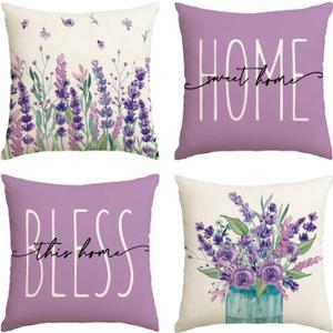 Spring Pillow Covers, Lavender Purple Throw Pillow Cases 18x18 Inch, Summer Seasonal Farmhouse Decorations for Sofa Couch, Home Sweet, Polyester Cushion Cases Set of 4
