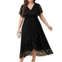 SCOMCHIC Womens Plus Size Wedding Guest Dress Formal Lace Wrap V Neck High Low Short Sleeve Cocktail Maxi Dresses, size 3XL