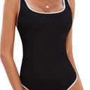 BMJL Women's One Piece Swimsuit Sports Adjustable Strap Bathing Suit Color Block Ribbed High Cut Swimsuits (Black029) S