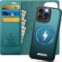 Wallet Case for iPhone 16 Pro Compatible with Magsafe, 2-in-1 PU Leather Flip RFID Blocking Card Holder Stand Shockproof Magnetic Detachable Cover for iPhone 16 Pro Case 6.3", Bluegreen