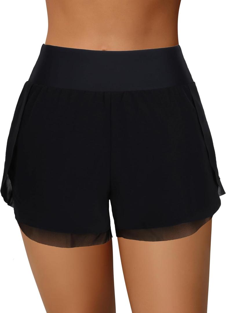 ATTRACO Women Swim Shorts Side Split Swim Trunk 2 in 1 Board Shorts with Pockets Swim Bottom, Size(M)