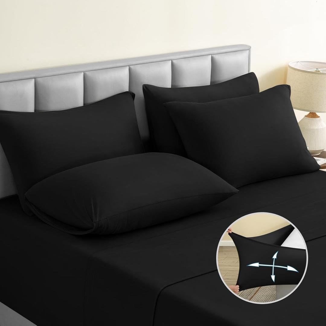 BYSURE 6 Pieces Non-Slip Super Soft Bed Sheet Set(King, Black), Wrinkle-Free and T-Shirt-Like Spandex Blend Sheets with 18-inch Deep Pocket, 4-Way Soft Stretch Bed Sheets