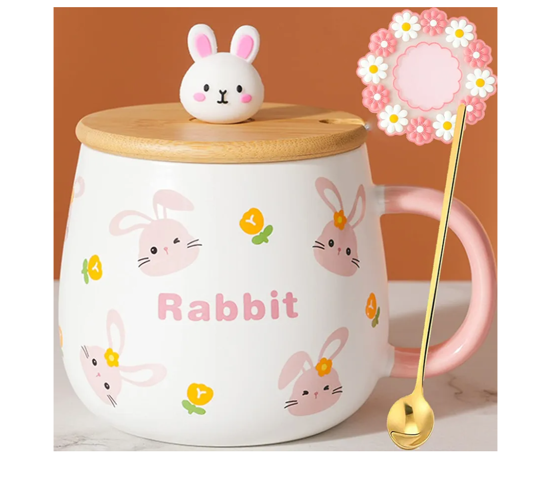 Kawaii Rabbit Mugs - Ceramic Tea & Coffee Cups with Lid & Spoon, Perfect for Milk Latte, Great Gifts for Women & Girls