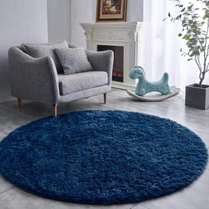 Navy Blue Round Rug Ultra-Soft Plush Modern 6x6 Circle Area Rug for Kid's Bedroom, Fluffy Shag Circular Rug for Nursery Room, Non-Slip Home Decor Cute Navy Blue Carpet for Teen's Room