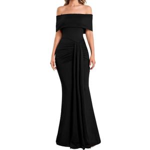 YMDUCH Women's Elegant Off Shoulder Sleeveless Ruched Bodycon Long Formal Evening Weeding Dress (X-Large, Black)