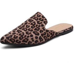 Tilocow Mules for Woman Comfortable Pointed Toe Backless Loafers Flat Mule Business Casual Shoes Slides Slip on (7.5, C Light Leopard Suede)