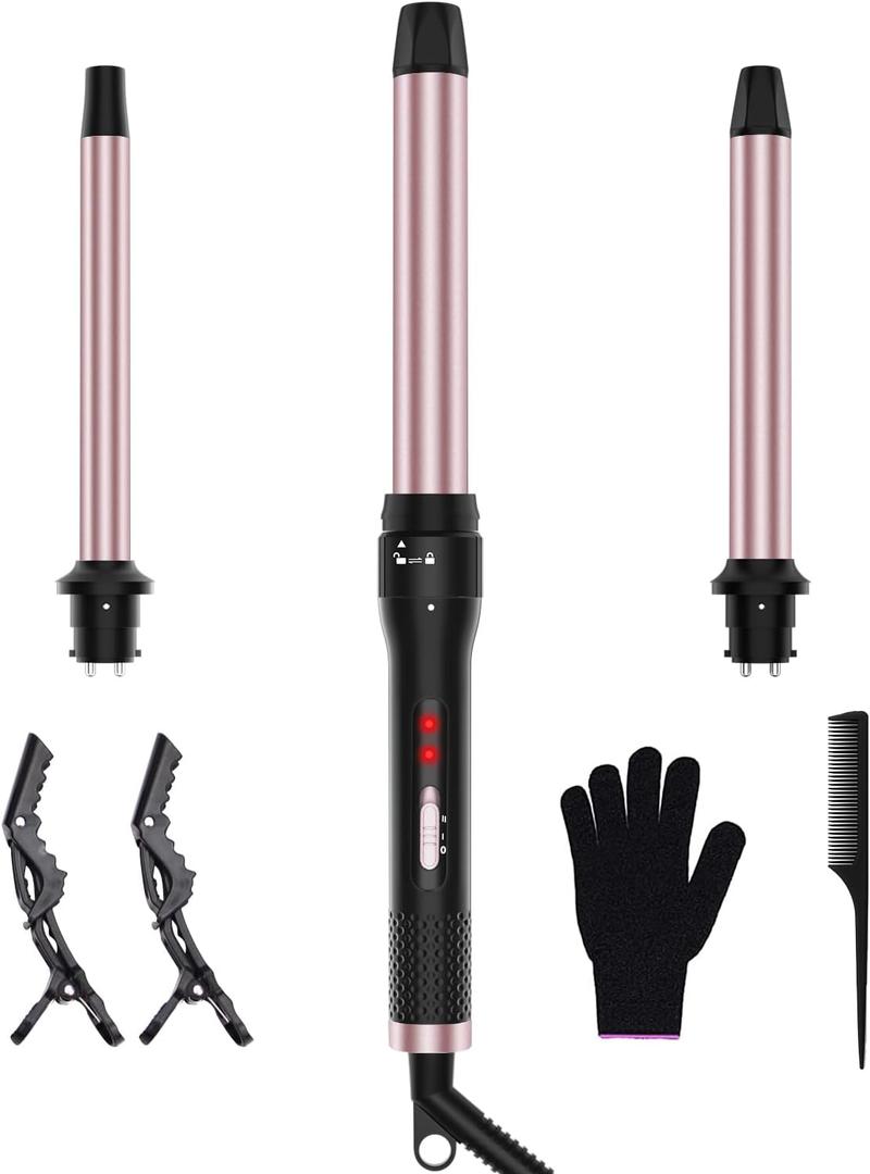 3 in 1 Curling Iron, Curling Wand Set with 3 Interchangable Ceramic Beach Waves Wands(0.75"-1.25"), Dual Voltage 30s Fast Heating with Heat Resistant Glove & 2 Clip for Long/Short All Hairstyle