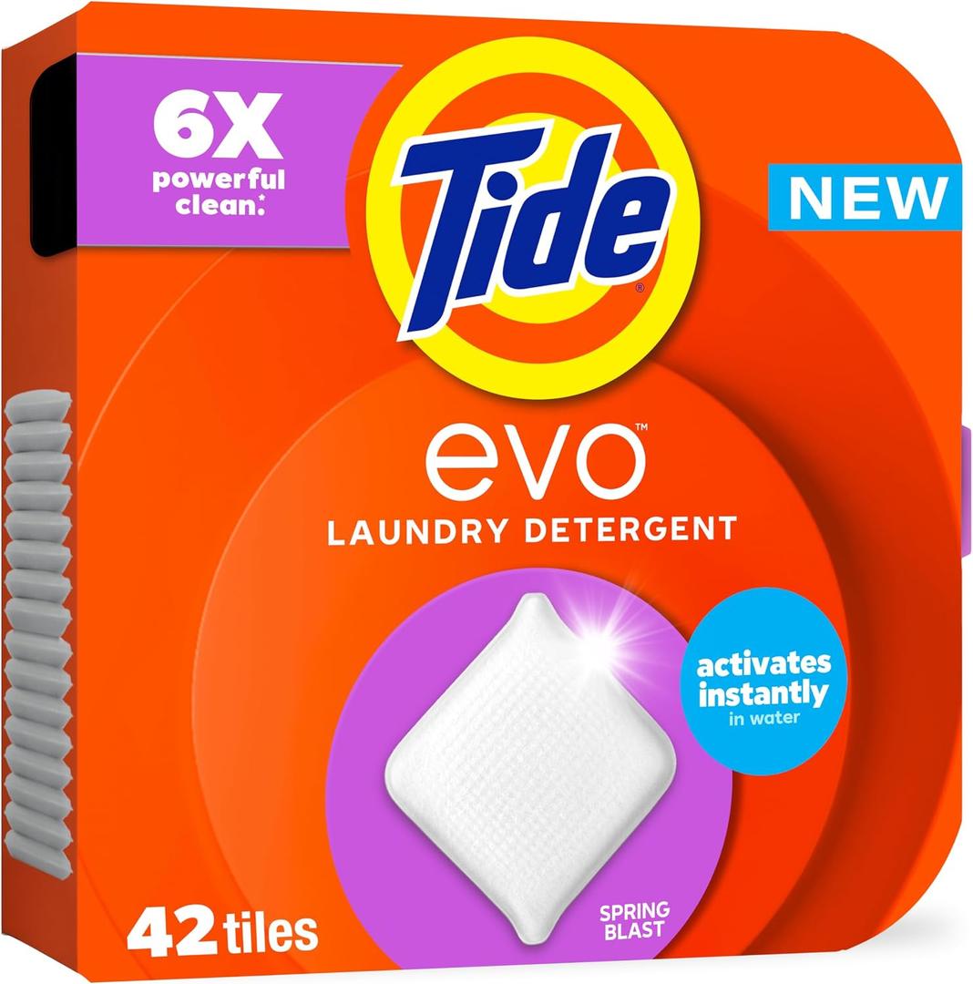 Tide evo Spring Blast Scent Laundry Detergent Fiber Tiles Works on 100% of Common Stains Safe for All Machines and Water Conditions Concentrated HE Compatible Clean and Instant Dissolve, 42 Count