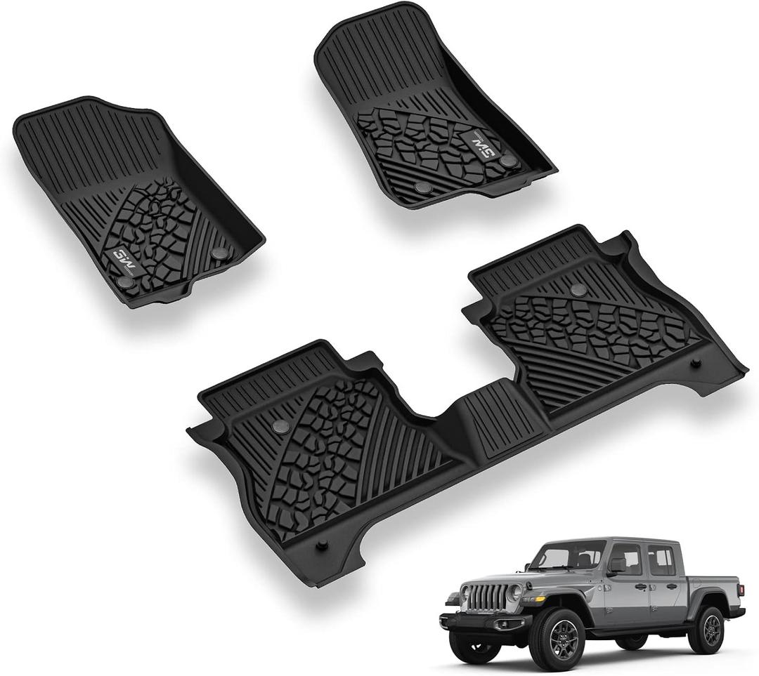 3W Floor Mats Compatible for Jeep Gladiator 2020-2024, TPE All Weather Custom Fit Floor Liner for Jeep Gladiator,1st & 2nd Row Full Set Car Liners with Grey Logo, Black