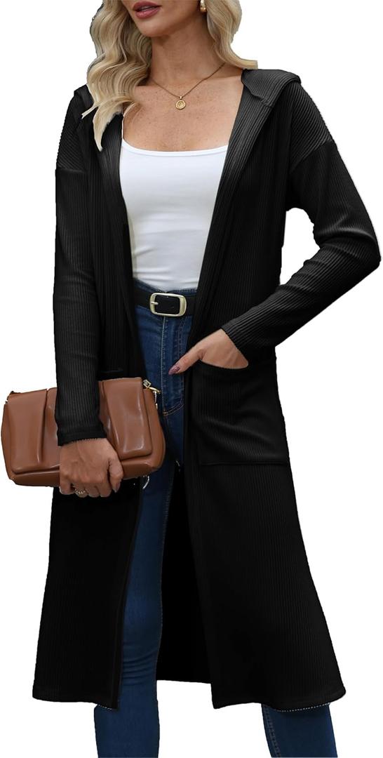 MAKABO Women's Long Cardigans Lightweight, V Neck Knit Button Front Sweaters with Pockets Trendy Outfits for Business Casual (X-Large, Black-hooded)