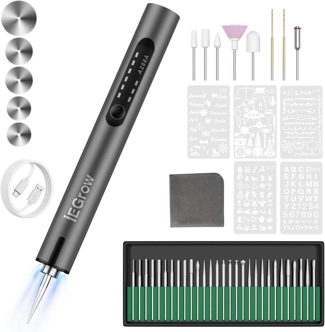 Electric Engraving Pen with Light, Mini DIY Eengraver Pen with 44 Bits,USB Rechargeable Cordless Rotary Tool,Engraving Pen for Metal, Wood, Glass and PlasticDark Grey