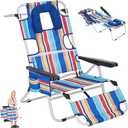 5 Position Folding Beach Chair with Face Hole, Portable Backpack Foldable Lounge Chair w/Headrest & Armrest, Heavy Duty Lay Flat Tanning Chair for Face Down Reading for Adult,440lb Capacity, Blue Stripes