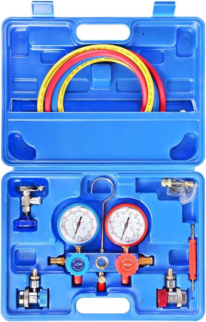 JIFETOR 3 Way AC Manifold Gauge Set, HVAC Diagnostic Refrigerant Charging Tool for Auto Household R134A R404A R410A Refrigerant, 5FT Hose Adjustable Quick Coupler Can Tap R410A Adapter (Blue Manifold)