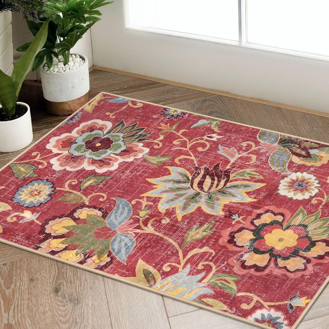 Beeiva Red Kitchen Rugs Non Slip Washable, 2x3 Floral Christmas Kitchen Entry Rug for Entryway Indoor Ultra Thin Small, Vintage Non-Shedding Front Door Mat Indoor Entrance Throw Carpet for Bathroom