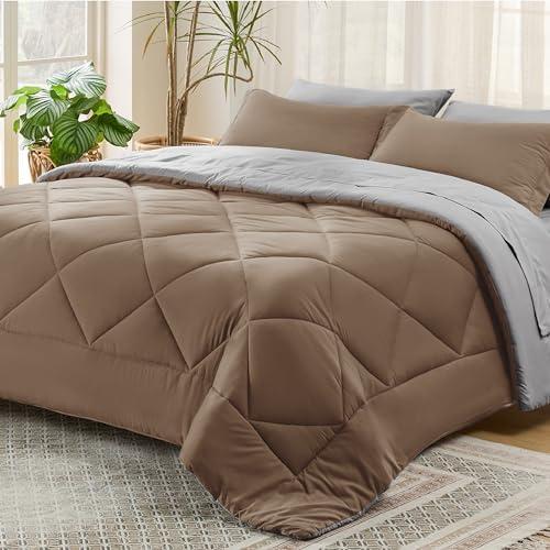 Bedsure Queen Comforter Set - 7 Pieces Reversible Brown Bedding, Queen Size Bed Set for All Seasons, Bed in a Bag with Down Alternative Comforter, Sheets, Pillowcases & Shams
