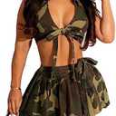 Akmipoem Women's Two Piece Skirt Set Camouflage Sleeveless Sexy Self Tie Halter Crop Top and Slit Wrap Mini Skirts Outfits, Size L