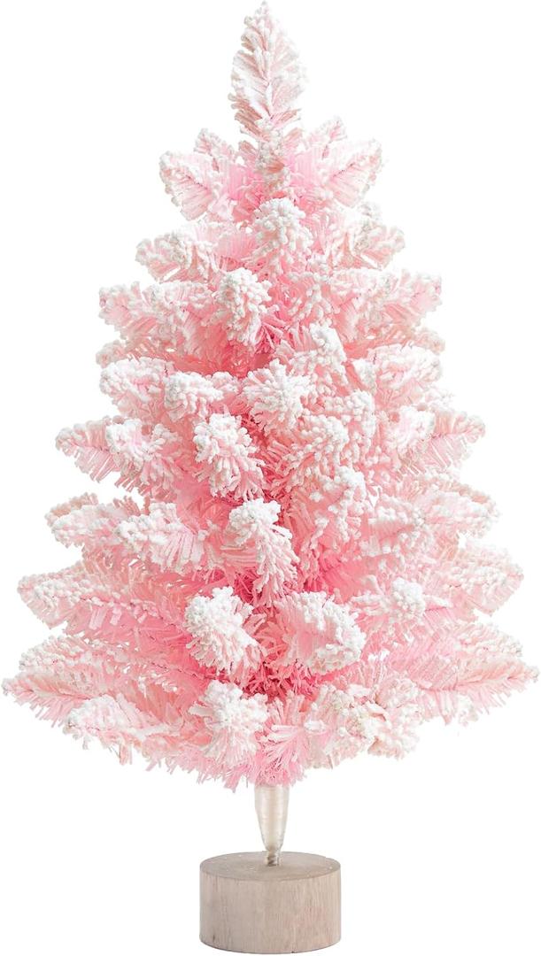 2FT Artificial Christmas Tree Pink Tabletop Christmas Tree with Wooden Stand Snow Flocked Mini Xmas Pine Tree for Christmas Indoor Outdoor Holiday Home Decoration