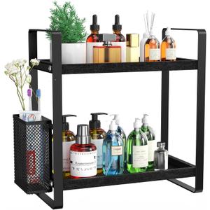 LEMIKKLE Bathroom Organizer Countertop, Counter Organizer for Bathroom Decor, Wooden Sink Shelf for Vanity Storage, Makeup Tray for Perfume Skincare Bedroom Kitchen Corner (Black)