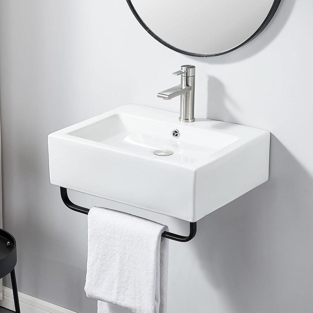VCCUCINE Modern 21x16 Inch Wall Mounted Bathroom Vessel Sink with Towel Rack,White Rectangle Wall Hung or Countertop Porcelain Ceramic Lavatory Bath Vanity Sink Art Basin with Faucet Hole and Overflow