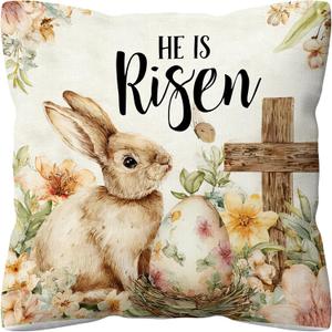 kdqua Vintage Easter Bunny Christian Pillow Cover 18x18, He is Risen Bible Verse Decorations Throw Pillow Cover, Rustic Cottagecore Easter Bunny Egg Cross Pillowcase Covers for Sofa Home Decor